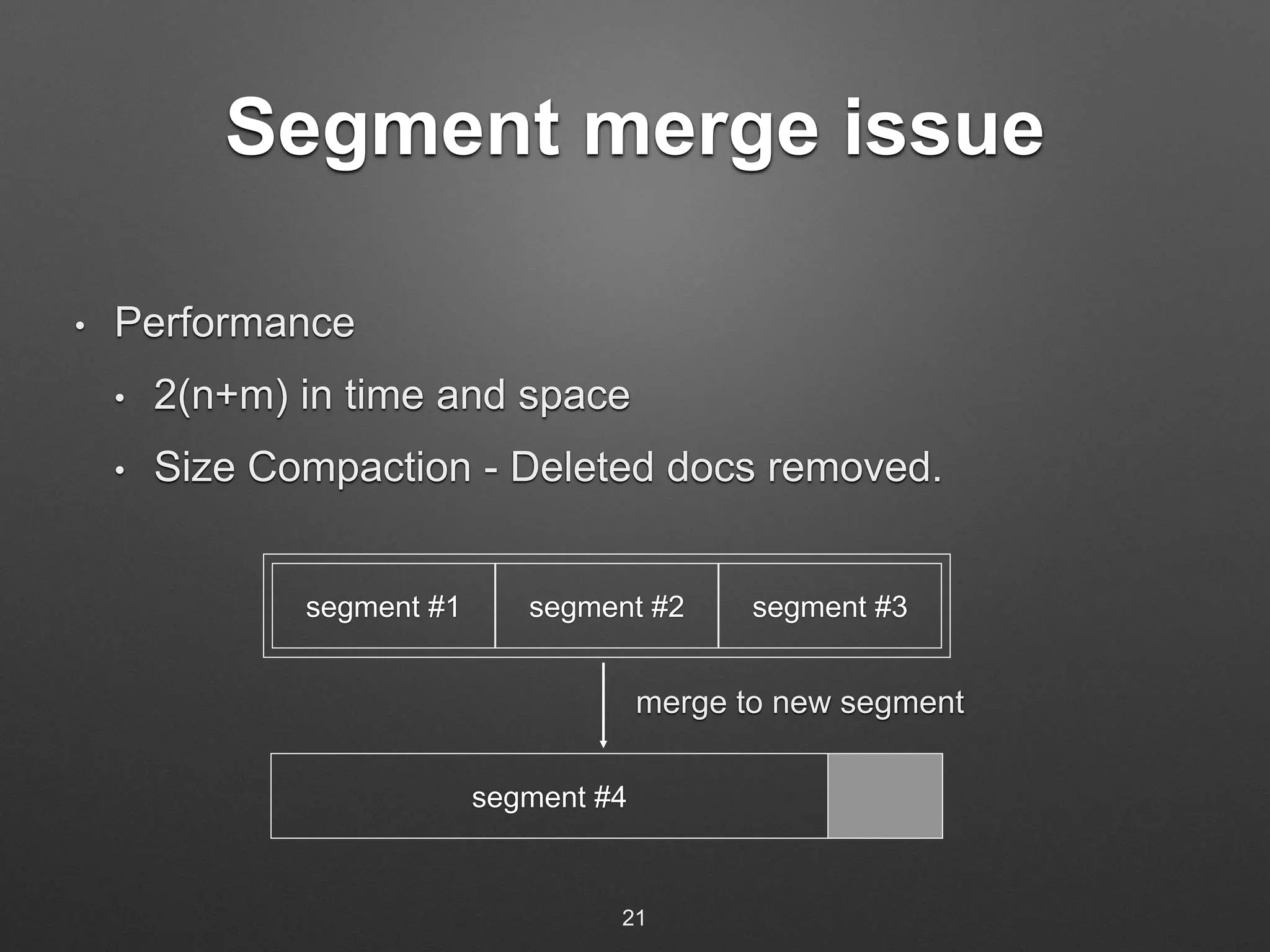 Segment merge issue 
• Performance 
• 2(n+m) in time and space 
• Size Compaction - Deleted docs removed. 
segment #1 segment #2 segment #3 
segment #4 
merge to new segment 
21 
 
