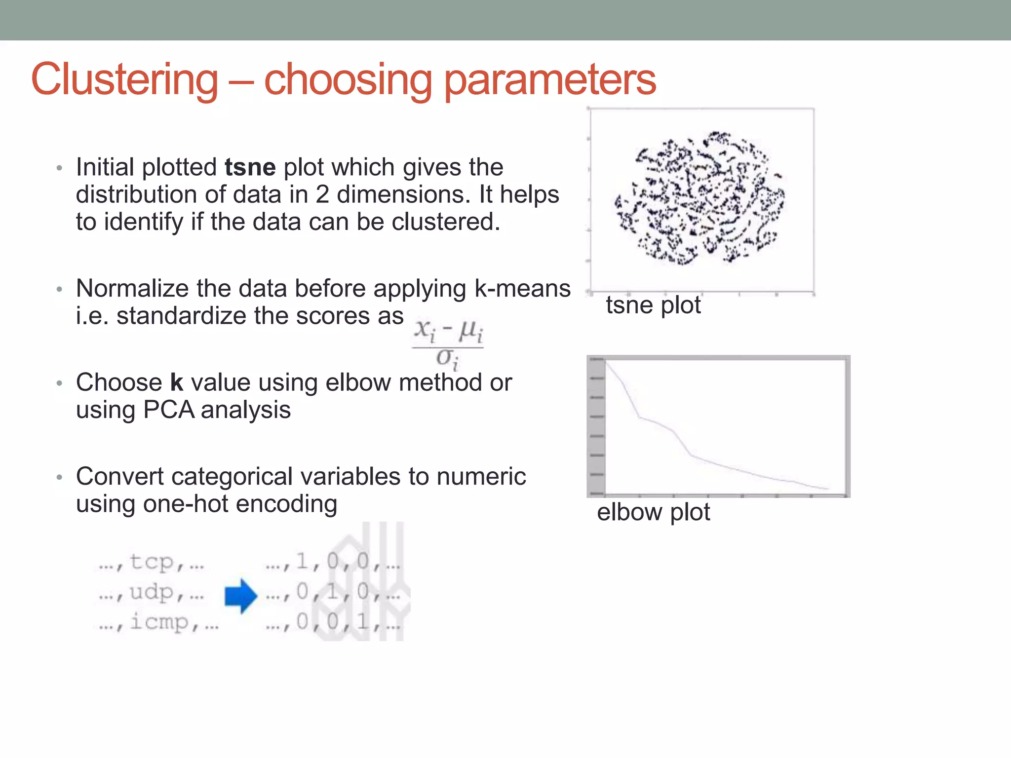 Clustering – choosing parameters
• Initial plotted tsne plot which gives the
distribution of data in 2 dimensions. It helps
to identify if the data can be clustered.
• Normalize the data before applying k-means
i.e. standardize the scores as
• Choose k value using elbow method or
using PCA analysis
• Convert categorical variables to numeric
using one-hot encoding
tsne plot
elbow plot
 