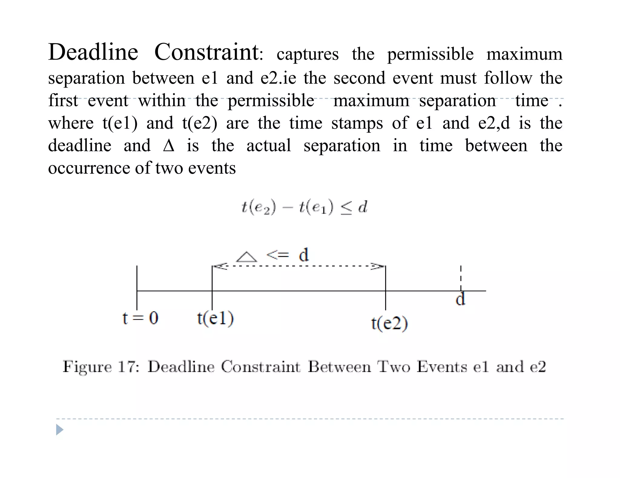 Deadline Constraint: captures the permissible maximum
separation between e1 and e2.ie the second event must follow the
first event within the permissible maximum separation time .
where t(e1) and t(e2) are the time stamps of e1 and e2,d is the
deadline and ∆ is the actual separation in time between thedeadline and ∆ is the actual separation in time between the
occurrence of two events
 