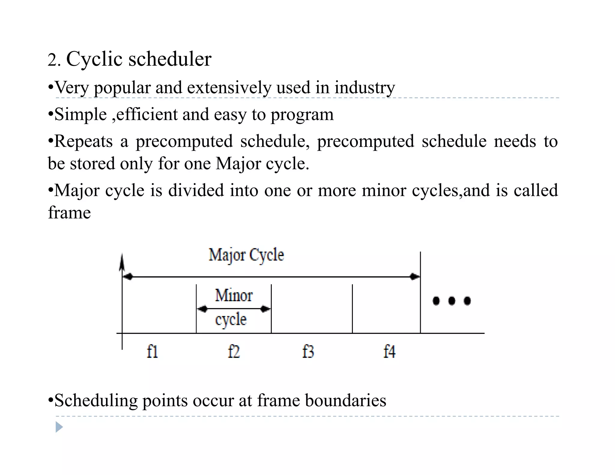 2. Cyclic scheduler
•Very popular and extensively used in industry•Very popular and extensively used in industry
•Simple ,efficient and easy to program
•Repeats a precomputed schedule, precomputed schedule needs top p p , p p
be stored only for one Major cycle.
•Major cycle is divided into one or more minor cycles,and is called
fframe
•Scheduling points occur at frame boundaries
 