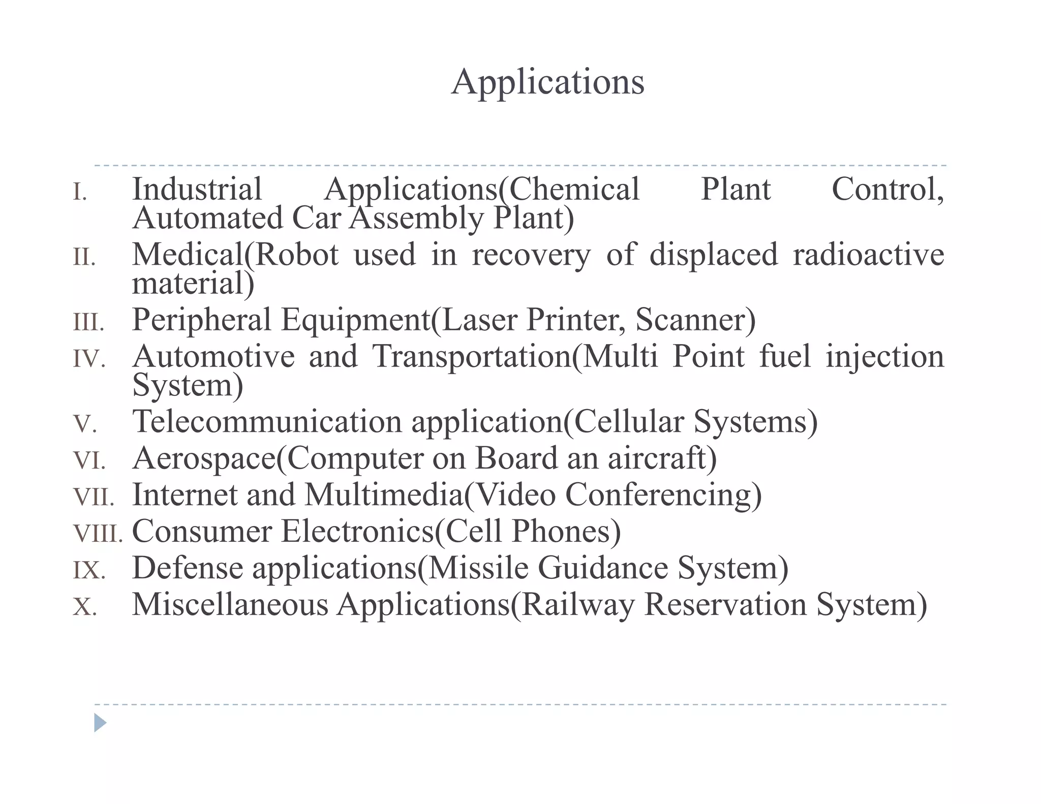 Applications
I. Industrial Applications(Chemical Plant Control,
Automated Car Assembly Plant)
II Medical(Robot used in recovery of displaced radioactiveII. Medical(Robot used in recovery of displaced radioactive
material)
III. Peripheral Equipment(Laser Printer, Scanner)
IV A tomoti e and Transportation(M lti Point f el injectionIV. Automotive and Transportation(Multi Point fuel injection
System)
V. Telecommunication application(Cellular Systems)
VI A (C t B d i ft)VI. Aerospace(Computer on Board an aircraft)
VII. Internet and Multimedia(Video Conferencing)
VIII. Consumer Electronics(Cell Phones)
IX. Defense applications(Missile Guidance System)
X. Miscellaneous Applications(Railway Reservation System)
 