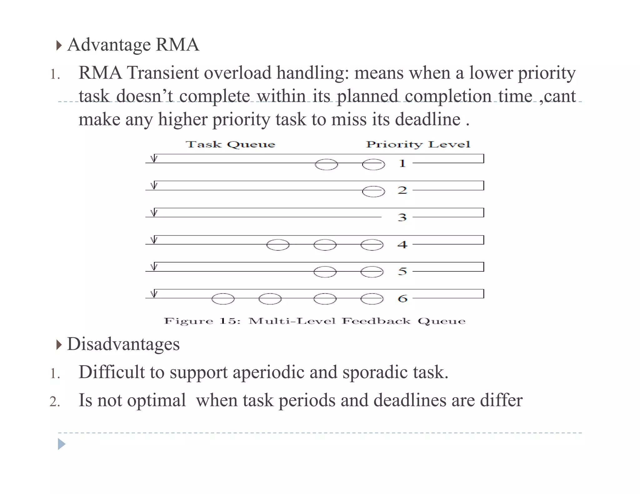  Advantage RMA
1. RMA Transient overload handling: means when a lower priority
t k d ’t l t ithi it l d l ti ti ttask doesn’t complete within its planned completion time ,cant
make any higher priority task to miss its deadline .
 Di d t Disadvantages
1. Difficult to support aperiodic and sporadic task.
2 Is not optimal when task periods and deadlines are differ2. Is not optimal when task periods and deadlines are differ
 