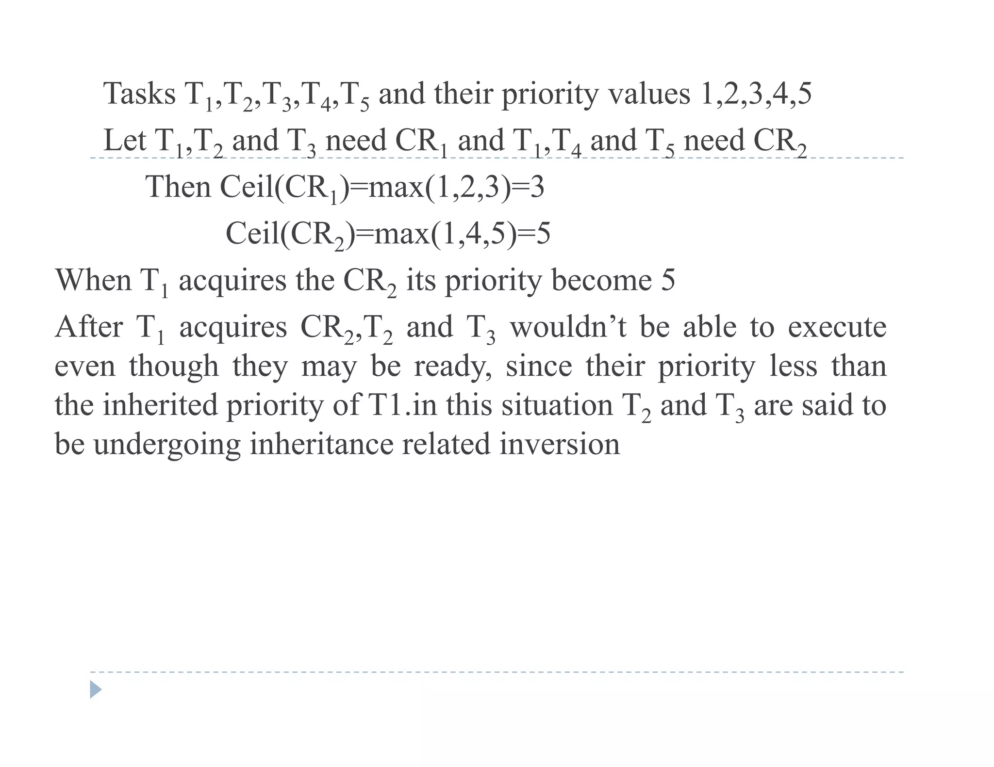 Tasks T1,T2,T3,T4,T5 and their priority values 1,2,3,4,5
Let T T and T need CR and T T and T need CRLet T1,T2 and T3 need CR1 and T1,T4 and T5 need CR2
Then Ceil(CR1)=max(1,2,3)=3
Ceil(CR2)=max(1 4 5)=5Ceil(CR2) max(1,4,5) 5
When T1 acquires the CR2 its priority become 5
After T1 acquires CR2,T2 and T3 wouldn’t be able to executeAfter T1 acquires CR2,T2 and T3 wouldn t be able to execute
even though they may be ready, since their priority less than
the inherited priority of T1.in this situation T2 and T3 are said to
b d i i h i l d i ibe undergoing inheritance related inversion
 
