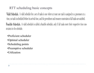 RTT scheduling basic concepts
•Proficient scheduler
•Optimal schedulerp
•Scheduling points
•Preemptive scheduler
•Utilization
 