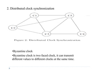 2. Distributed clock synchronization
•Byzantine clocky
•Byzantine clock is two faced clock, it can transmit
different values to different clocks at the same time.
 