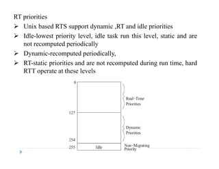 RT priorities
 Unix based RTS support dynamic ,RT and idle priorities
 Idle-lowest priority level, idle task run this level, static and are
not recomputed periodically
 D namic recomp ted periodicall Dynamic-recomputed periodically,
 RT-static priorities and are not recomputed during run time, hard
RTT operate at these levelsp
 
