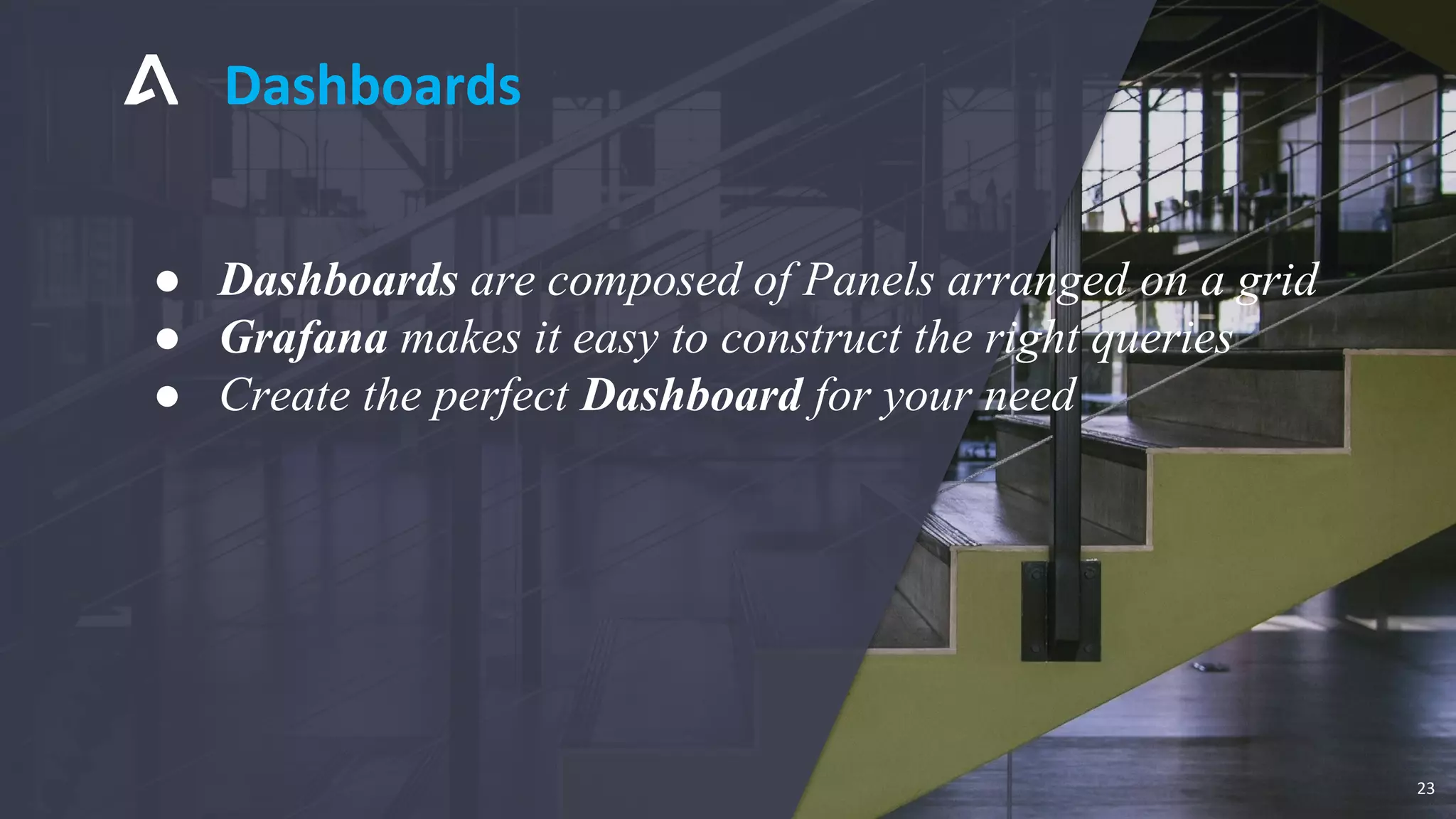 Dashboards
23
● Dashboards are composed of Panels arranged on a grid
● Grafana makes it easy to construct the right queries
● Create the perfect Dashboard for your need
 
