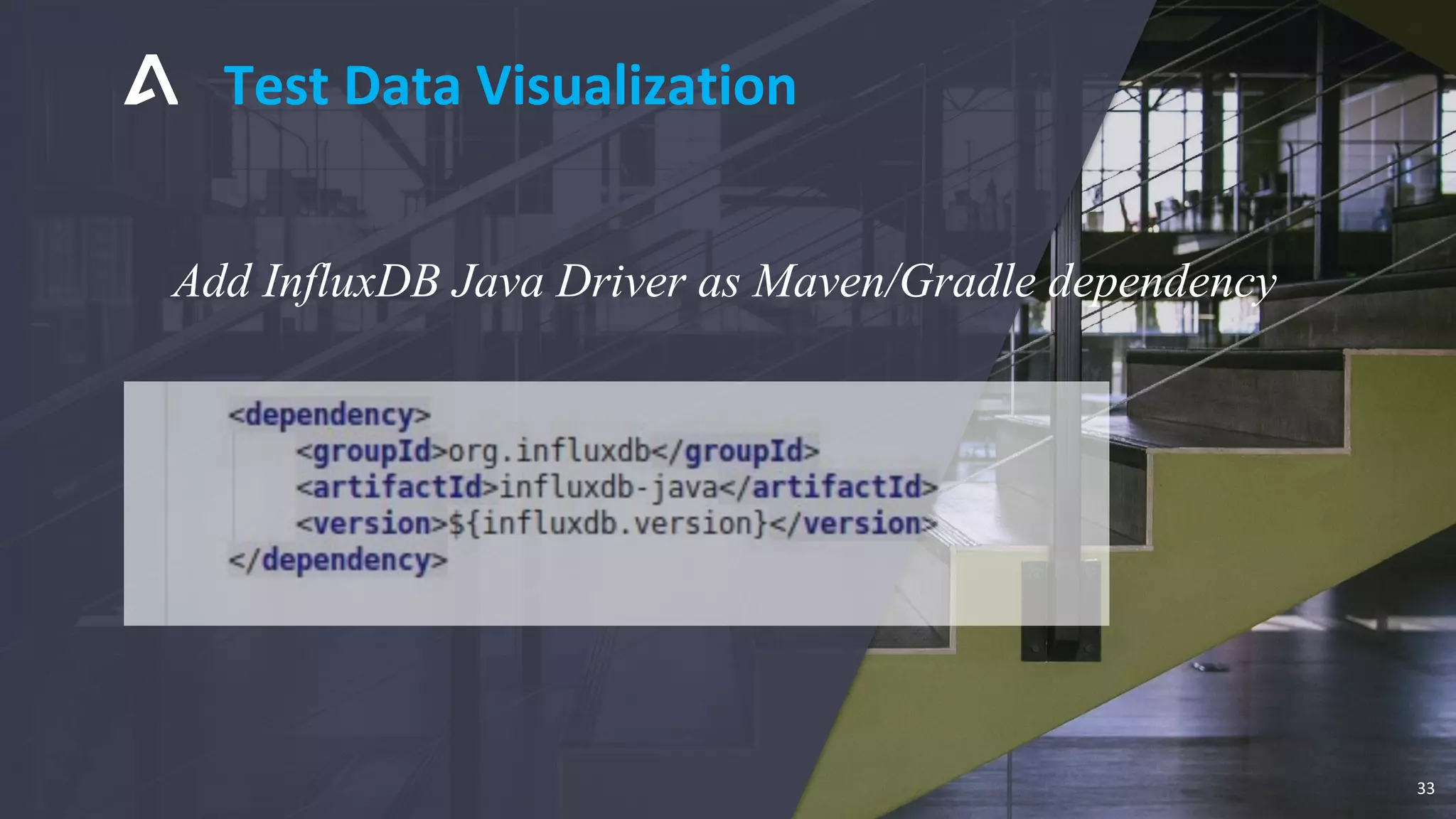 Test Data Visualization
33
Add InfluxDB Java Driver as Maven/Gradle dependency
 