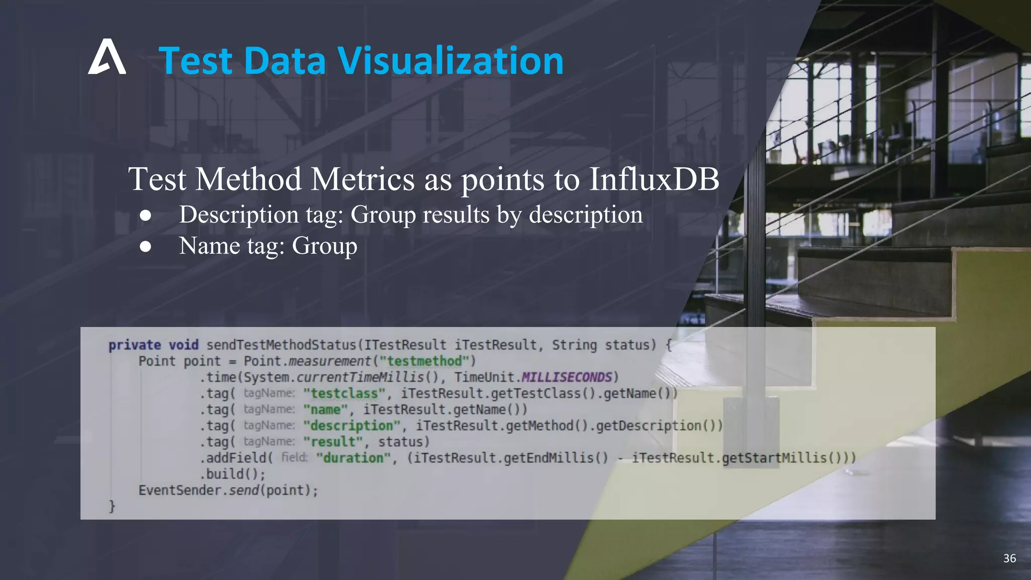 Test Data Visualization
36
Test Method Metrics as points to InfluxDB
● Description tag: Group results by description
● Name tag: Group
 