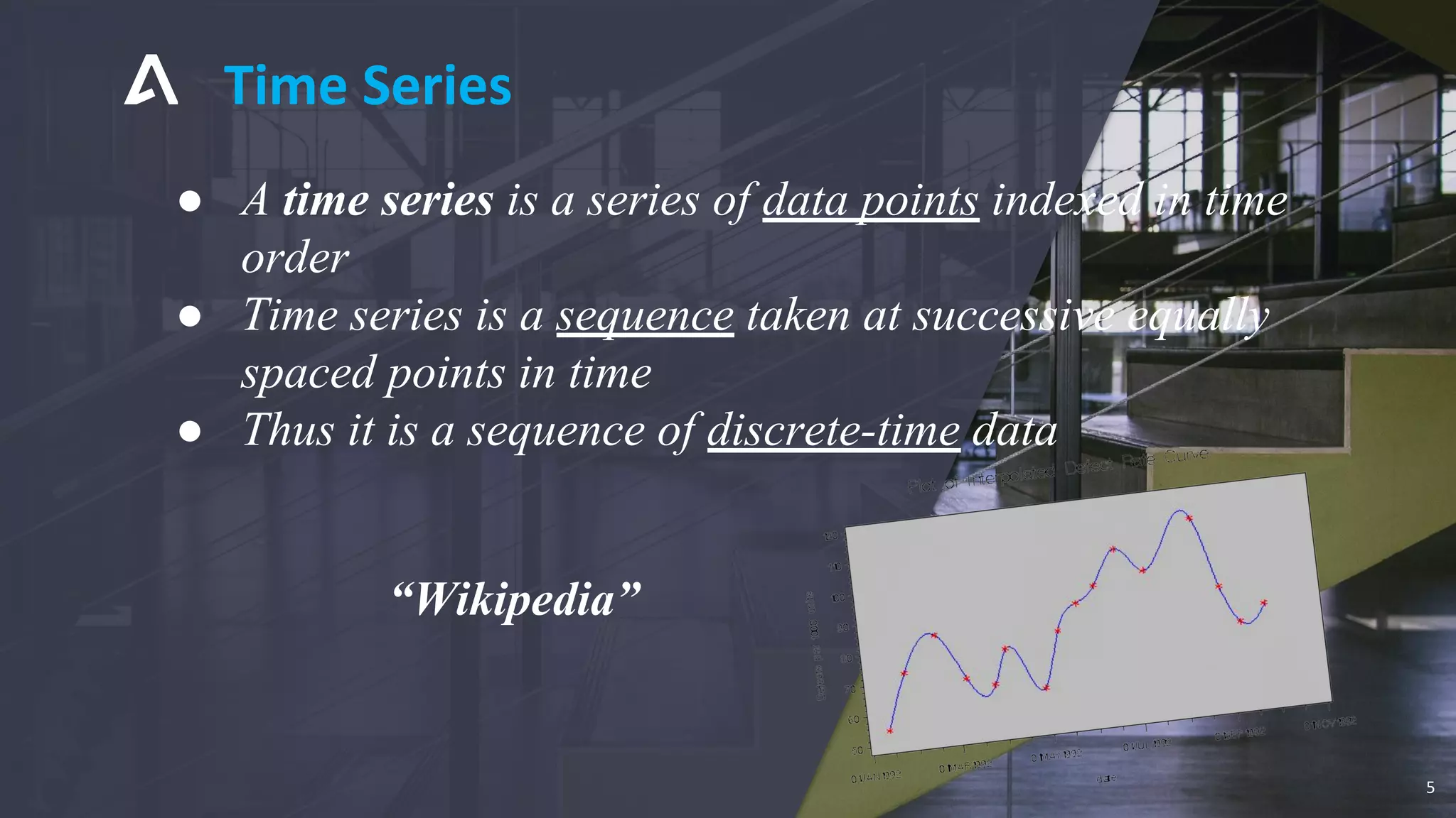 Time Series
5
● A time series is a series of data points indexed in time
order
● Time series is a sequence taken at successive equally
spaced points in time
● Thus it is a sequence of discrete-time data
“Wikipedia”
 