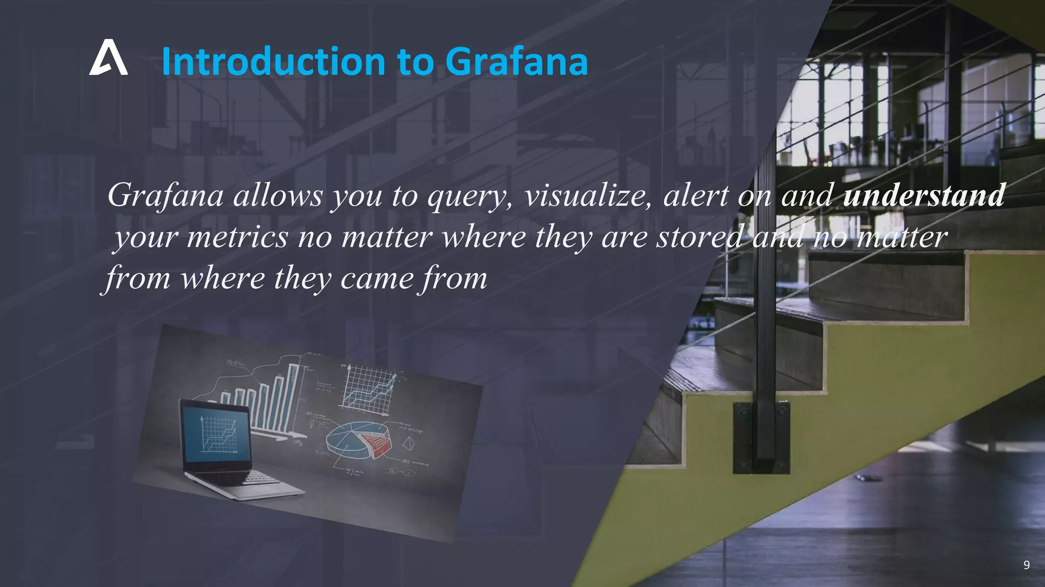 Introduction to Grafana
9
Grafana allows you to query, visualize, alert on and understand
your metrics no matter where they are stored and no matter
from where they came from
 