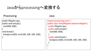 Javaからprocessingへ変換する
import processing.core.*;
public class TempPApplet extends PApplet {
public PApplet apa;
public void setup() {
size(600, 600);
}
public void draw() {
background(0); rect(100, 100, 100, 100);
}
}
public PApplet apa;
public void setup() {
size(600, 600);
}
void draw() {
background(0); rect(100, 100, 100, 100);
}
Processing Java
 