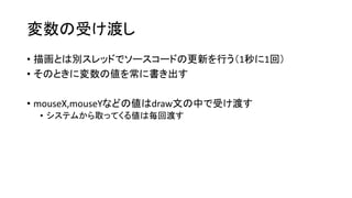 変数の受け渡し
• 描画とは別スレッドでソースコードの更新を行う（1秒に1回）
• そのときに変数の値を常に書き出す
• mouseX,mouseYなどの値はdraw文の中で受け渡す
• システムから取ってくる値は毎回渡す
 
