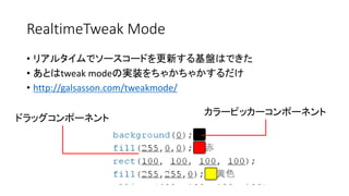 RealtimeTweak Mode
• リアルタイムでソースコードを更新する基盤はできた
• あとはtweak modeの実装をちゃかちゃかするだけ
• http://galsasson.com/tweakmode/
カラーピッカーコンポーネント
ドラッグコンポーネント
 