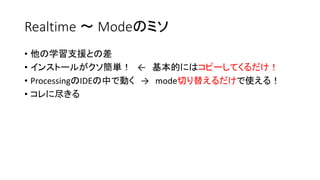 Realtime ～ Modeのミソ
• 他の学習支援との差
• インストールがクソ簡単！ ← 基本的にはコピーしてくるだけ！
• ProcessingのIDEの中で動く → mode切り替えるだけで使える！
• コレに尽きる
 