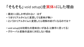 「そもそも」 void setup()を実体Aにした理由
• 最初に1回しか呼ばれない はず
• つまりリアルタイムに変更しても意味が無い
• というかリアルタイムに変更したら理解の妨げになるのでは？
• void setup()は初期化の意味合いがある（と勝手に思ってる）
• グローバル変数の追加に対応しない理由
 