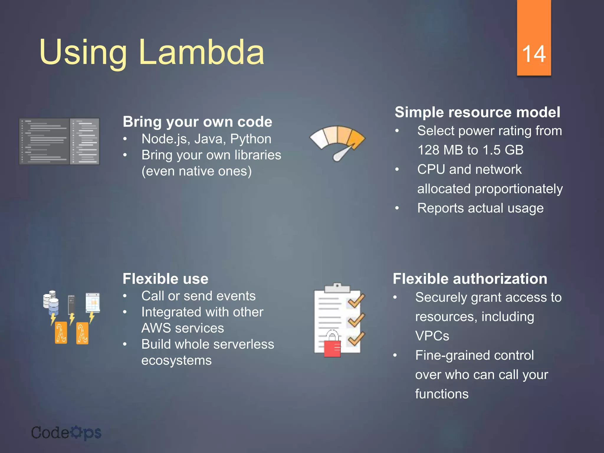 Bring your own code
• Node.js, Java, Python
• Bring your own libraries
(even native ones)
Simple resource model
• Select power rating from
128 MB to 1.5 GB
• CPU and network
allocated proportionately
• Reports actual usage
Flexible authorization
• Securely grant access to
resources, including
VPCs
• Fine-grained control
over who can call your
functions
Flexible use
• Call or send events
• Integrated with other
AWS services
• Build whole serverless
ecosystems
Using Lambda 14
 