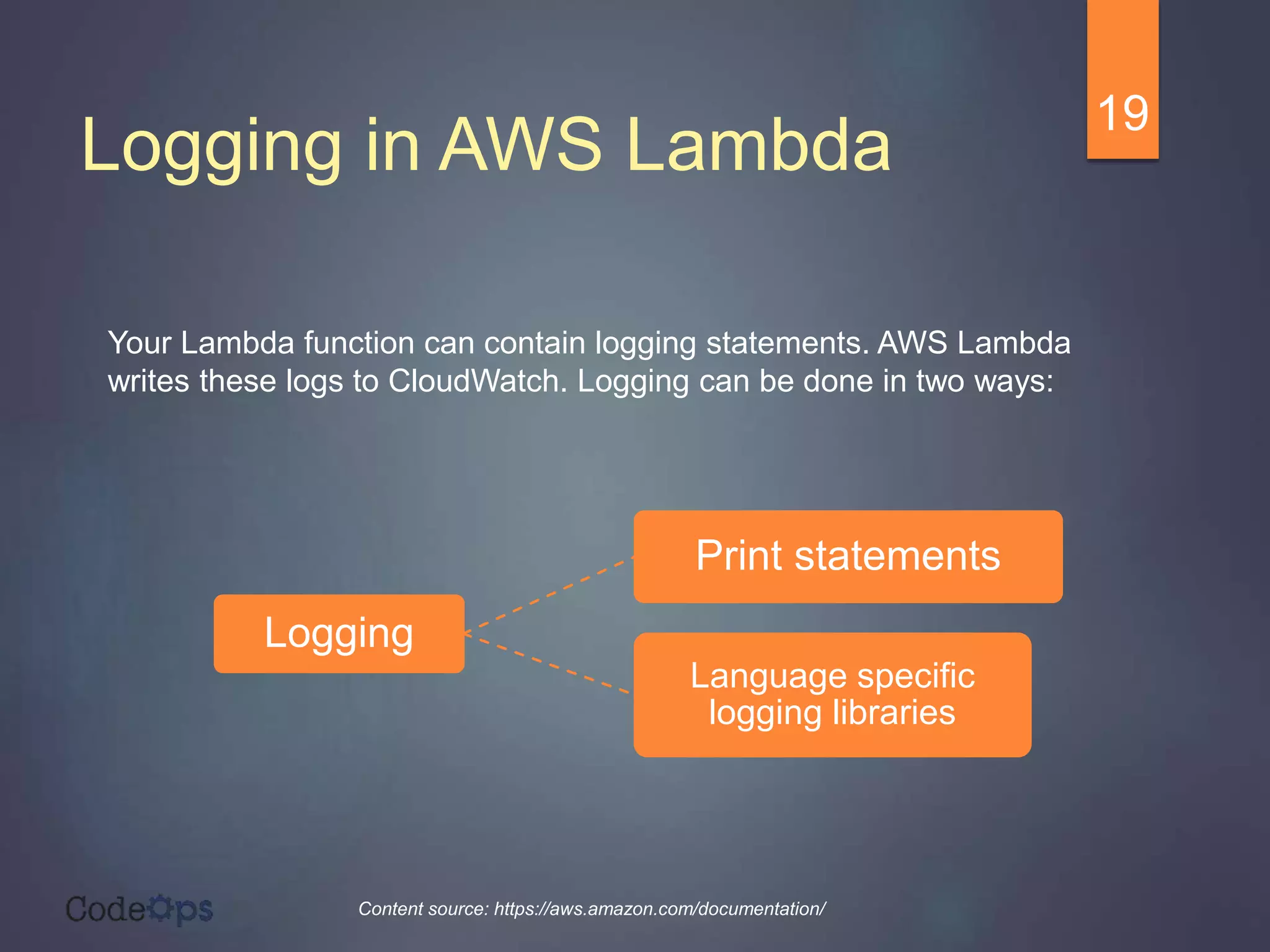 Logging in AWS Lambda
19
Your Lambda function can contain logging statements. AWS Lambda
writes these logs to CloudWatch. Logging can be done in two ways:
Content source: https://aws.amazon.com/documentation/
Logging
Print statements
Language specific
logging libraries
 