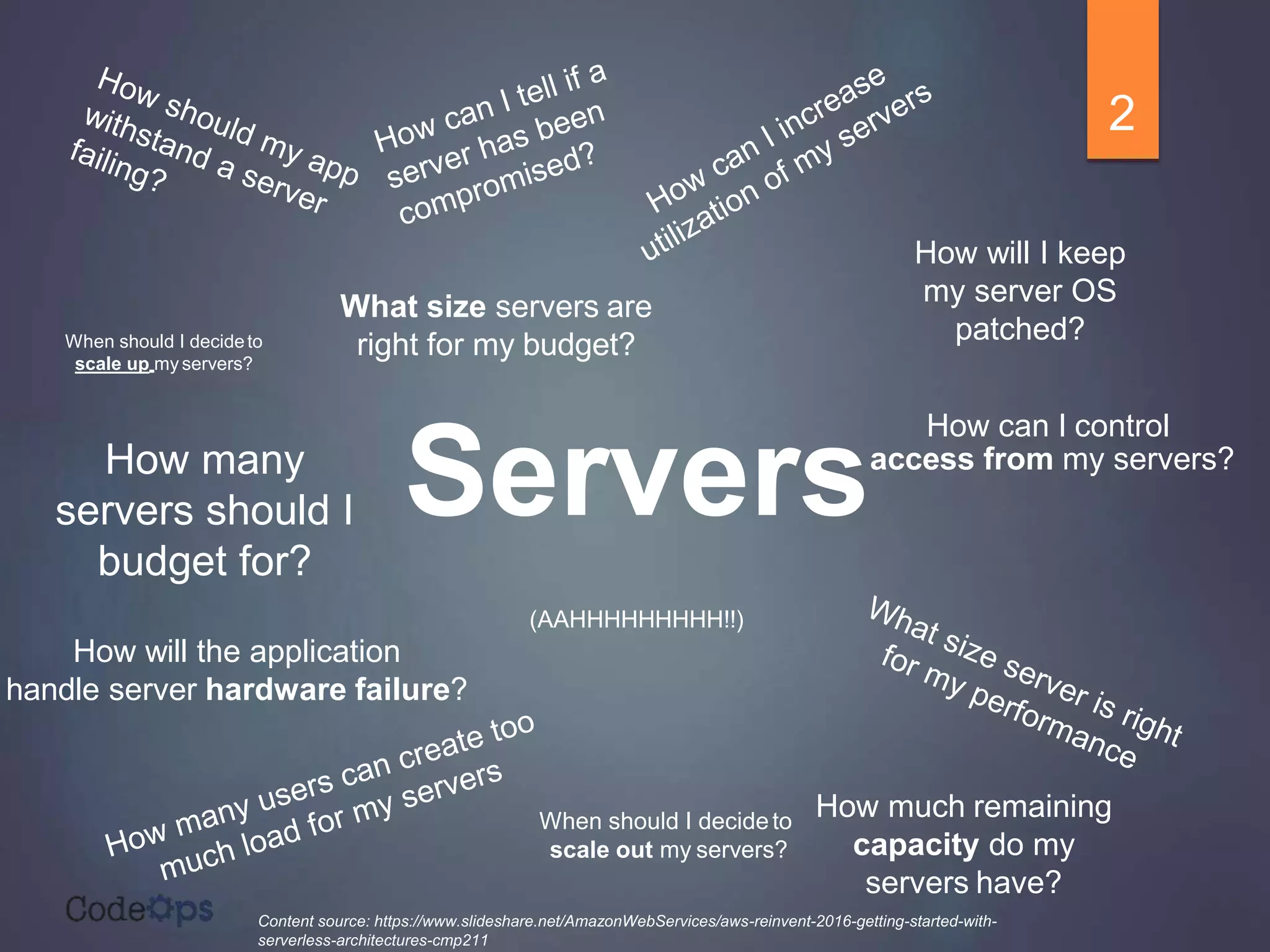How will the application
handle server hardware failure?
How can I control
Serversaccess from my servers?
When should I decideto
scale out my servers?
When should I decideto
scale up myservers?
What size servers are
right for my budget?
How much remaining
capacity do my
servers have?
(AAHHHHHHHHH!!)
How will I keep
my server OS
patched?
How many
servers should I
budget for?
Content source: https://www.slideshare.net/AmazonWebServices/aws-reinvent-2016-getting-started-with-
serverless-architectures-cmp211
2
 