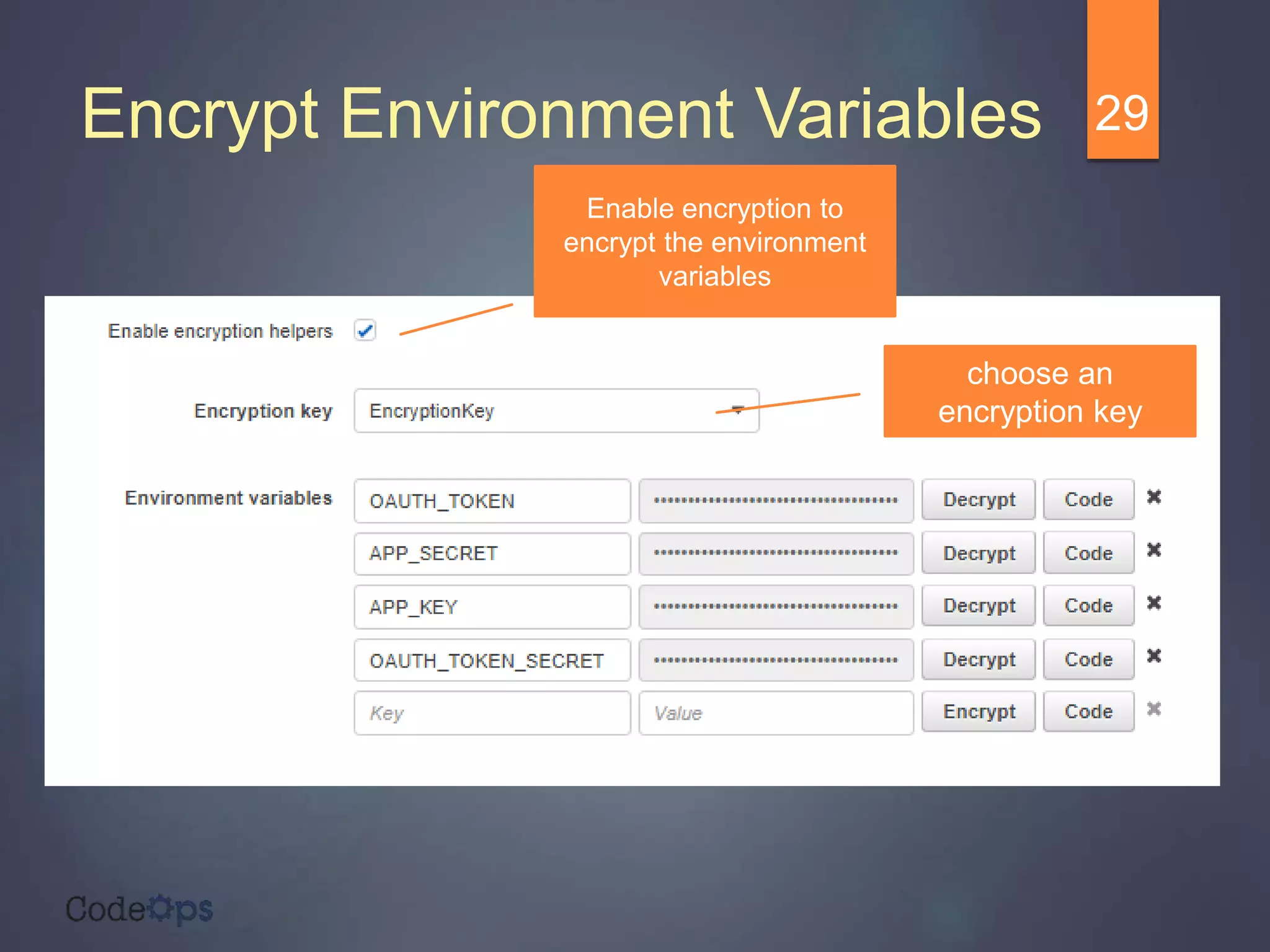 Encrypt Environment Variables 29
Enable encryption to
encrypt the environment
variables
choose an
encryption key
 