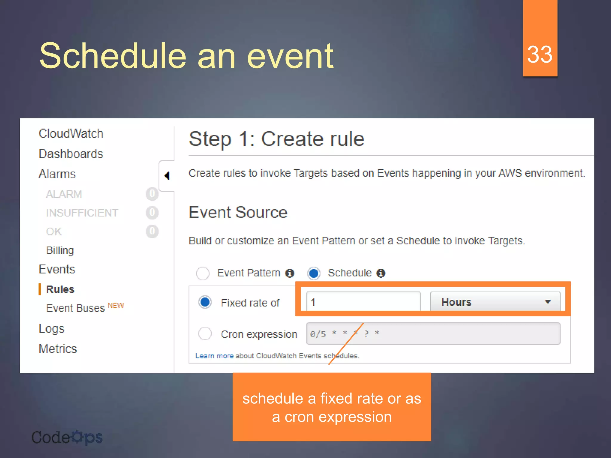 33
schedule a fixed rate or as
a cron expression
Schedule an event
 