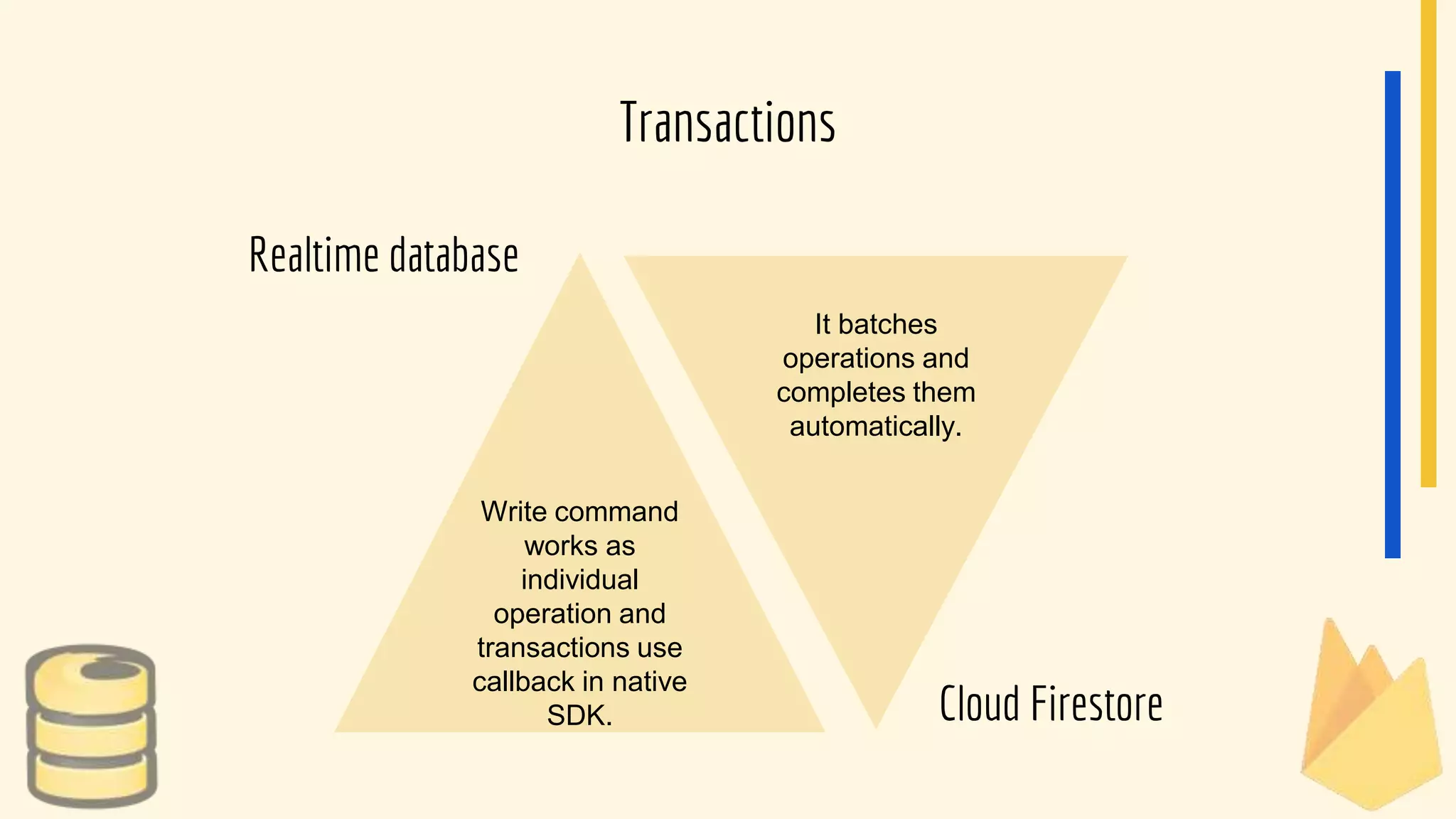 Realtime database
Cloud Firestore
Transactions
Write command
works as
individual
operation and
transactions use
callback in native
SDK.
It batches
operations and
completes them
automatically.
 