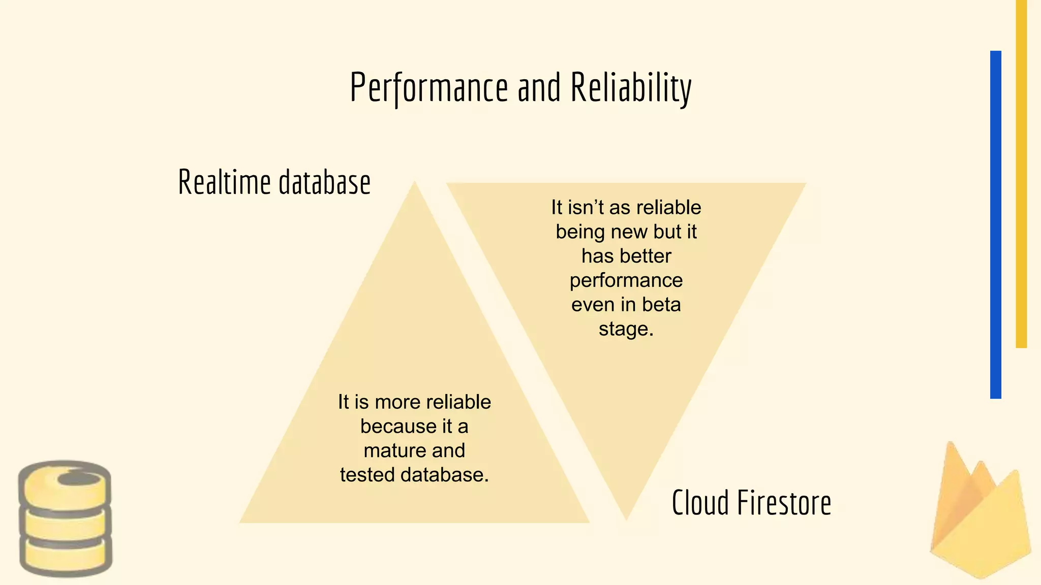 Realtime database
Cloud Firestore
Performance and Reliability
It is more reliable
because it a
mature and
tested database.
It isn’t as reliable
being new but it
has better
performance
even in beta
stage.
 