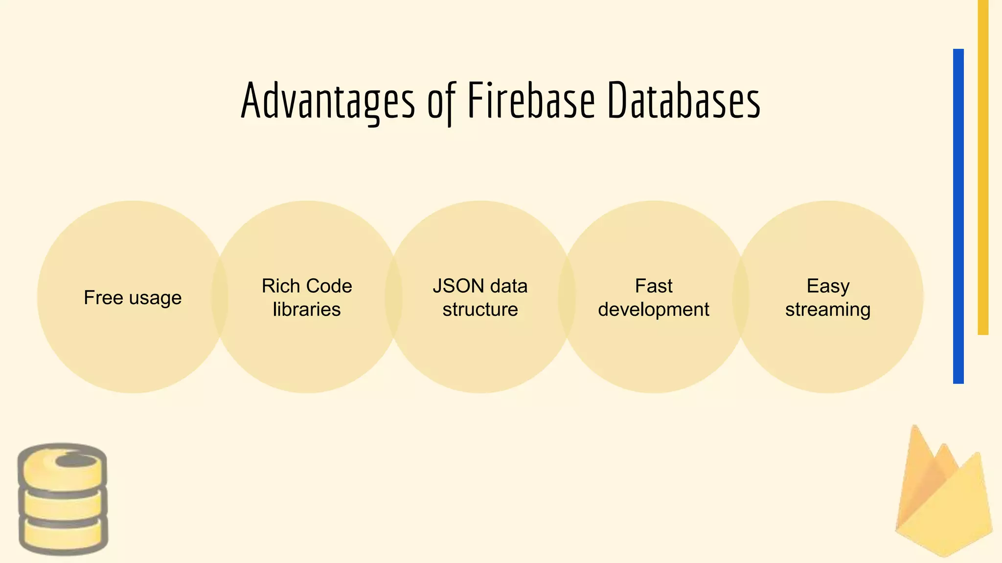Advantages of Firebase Databases
Free usage
Rich Code
libraries
JSON data
structure
Fast
development
Easy
streaming
 