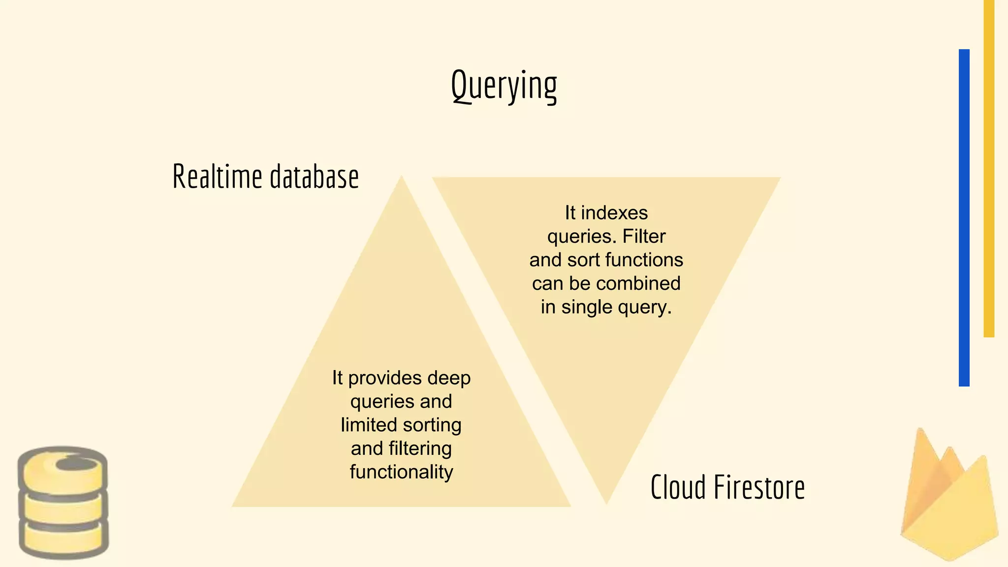 Realtime database
Cloud Firestore
Querying
It provides deep
queries and
limited sorting
and filtering
functionality
It indexes
queries. Filter
and sort functions
can be combined
in single query.
 