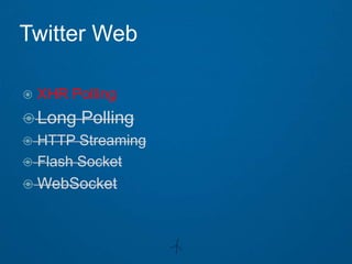 Twitter Web

   XHR Polling
 Long    Polling
 HTTP Streaming
 Flash Socket
 WebSocket
 