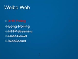 Weibo Web

   XHR Polling
 Long    Polling
 HTTP Streaming
 Flash Socket
 WebSocket
 
