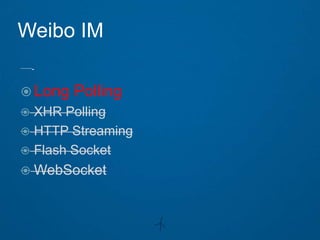Weibo IM

 Long   Polling
 XHR Polling
 HTTP Streaming
 Flash Socket
 WebSocket
 