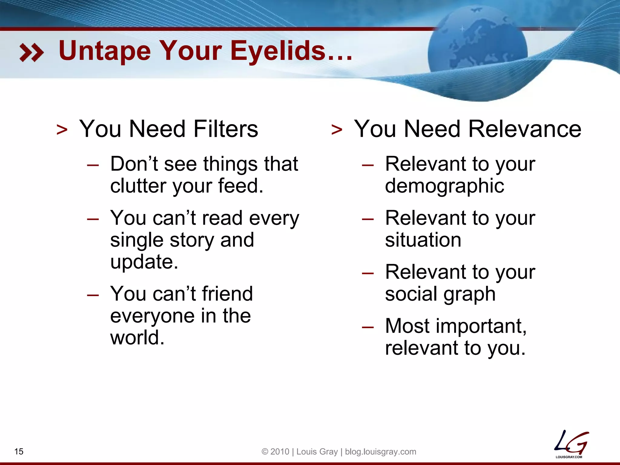 Untape Your Eyelids… You Need Filters Don’t see things that clutter your feed. You can’t read every single story and update. You can’t friend everyone in the world. You Need Relevance Relevant to your demographic Relevant to your situation Relevant to your social graph Most important, relevant to you. © 2010 | Louis Gray | blog.louisgray.com 