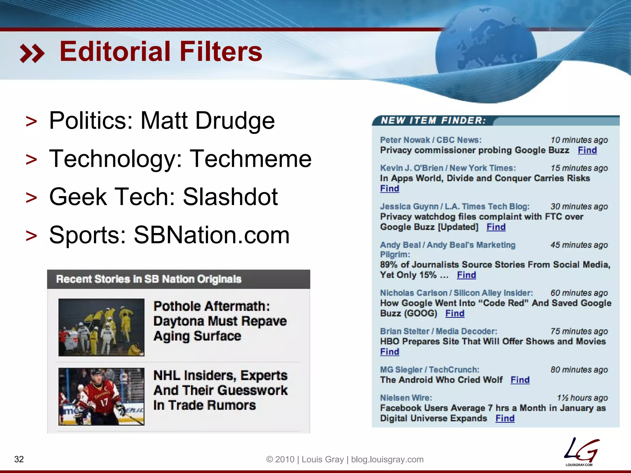 Editorial Filters Politics: Matt Drudge Technology: Techmeme Geek Tech: Slashdot Sports: SBNation.com © 2010 | Louis Gray | blog.louisgray.com 