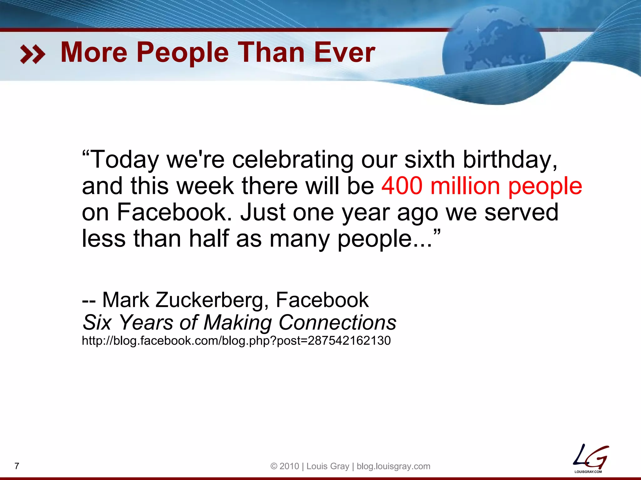 More People Than Ever “ Today we're celebrating our sixth birthday, and this week there will be  400 million people  on Facebook. Just one year ago we served less than half as many people...” -- Mark Zuckerberg, Facebook Six Years of Making Connections http://blog.facebook.com/blog.php?post=287542162130 © 2010 | Louis Gray | blog.louisgray.com 