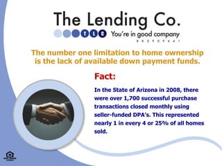 The number one limitation to home ownership is the lack of available down payment funds. Fact: In the State of Arizona in 2008, there were over 1,700 successful purchase transactions closed monthly usingseller-funded DPA’s. This represented nearly 1 in every 4 or 25% of all homes sold. 