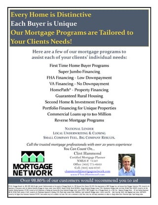 Clint Hammond
   Certified Mortgage Planner
         NMLS # 71597
     Office: (803) 771-6933
      Cell: (803) 422-6797
chammond@mortgagenetwork.com
    www Clint-Hammond com




                                 
 