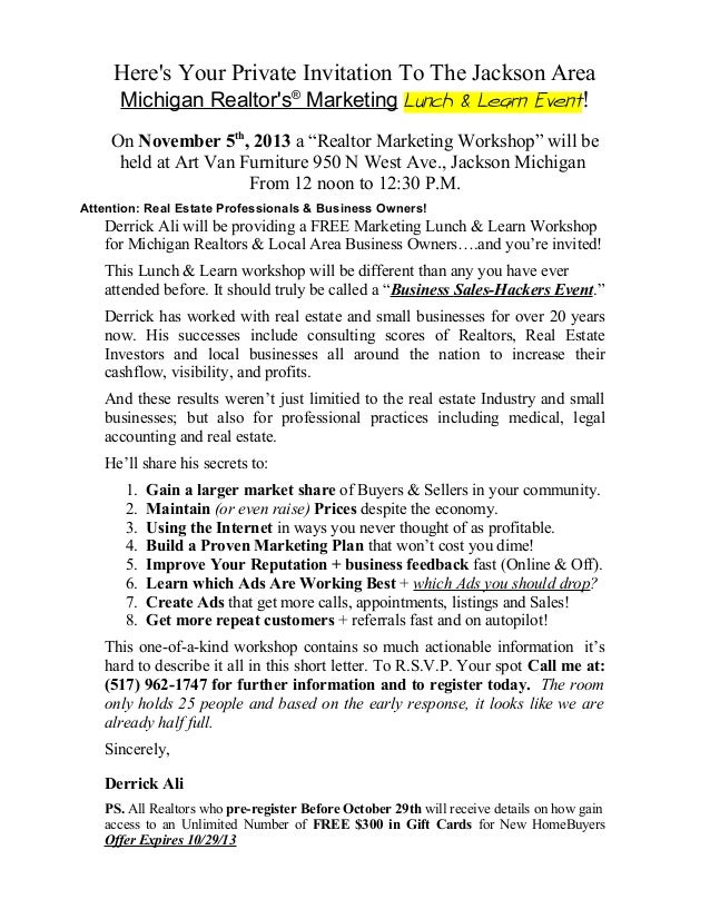 for upcoming invitation letter event Invitation Marketing Private Realtor Learn and Lunch