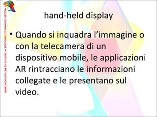 • Quando si inquadra l’immagine o
con la telecamera di un
dispositivo mobile, le applicazioni
AR rintracciano le informazioni
collegate e le presentano sul
video.
hand-held display
IPROCESSICOGNITIVI,LETECNOLOGIEINTERATTIVEEILMETODOMONTESSORI
 