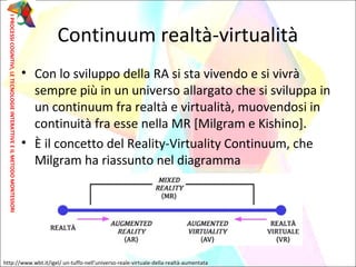 • Con lo sviluppo della RA si sta vivendo e si vivrà
sempre più in un universo allargato che si sviluppa in
un continuum fra realtà e virtualità, muovendosi in
continuità fra esse nella MR [Milgram e Kishino].
• È il concetto del Reality-Virtuality Continuum, che
Milgram ha riassunto nel diagramma
Continuum realtà-virtualità
IPROCESSICOGNITIVI,LETECNOLOGIEINTERATTIVEEILMETODOMONTESSORI
http://www.wbt.it/igel/ un-tuffo-nell’universo-reale-virtuale-della-realtà-aumentata
 
