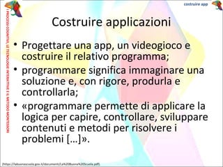 • Progettare una app, un videogioco e
costruire il relativo programma;
• programmare significa immaginare una
soluzione e, con rigore, produrla e
controllarla;
• «programmare permette di applicare la
logica per capire, controllare, sviluppare
contenuti e metodi per risolvere i
problemi […]».
(https://labuonascuola.gov.it/documenti/La%20Buona%20Scuola.pdf).
Costruire applicazioni
IPROCESSICOGNITIVI,LETECNOLOGIEINTERATTIVEEILMETODOMONTESSORI costruire app
 