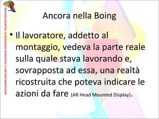 Ancora nella Boing
• Il lavoratore, addetto al
montaggio, vedeva la parte reale
sulla quale stava lavorando e,
sovrapposta ad essa, una realtà
ricostruita che poteva indicare le
azioni da fare (AR Head Mounted Display).
IPROCESSICOGNITIVI,LETECNOLOGIEINTERATTIVEEILMETODOMONTESSORI
 