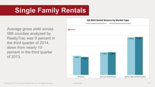 Single Family Rentals 
Average gross yield across 
586 counties analyzed by 
RealtyTrac was 9 percent in 
the third quarter of 2014, 
down from nearly 10 
percent in the third quarter 
of 2013. 
Copyright © 2014 Renwood RealtyTrac LLC. All rights reserved. Confidential P13 
 