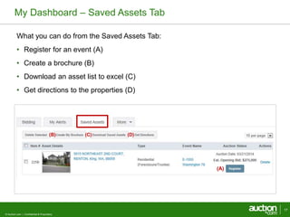 My Dashboard – Saved Assets Tab 
What you can do from the Saved Assets Tab: 
• Register for an event (A) 
• Create a brochure (B) 
• Download an asset list to excel (C) 
• Get directions to the properties (D) 
© Auction.com | Confidential & Proprietary 
17 
(A) 
(B) (C) (D) 
 
