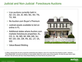 Judicial and Non-Judicial Foreclosure Auctions 
• Live auctions currently held in: 
AZ, CA, GA, ID, MO, NC, NV, TN, 
TX, WA 
• No Auction.com Buyer’s Premium 
• Judicial assets available to bid on 
online in FL 
• Additional states where Auction.com 
markets foreclosure properties: AL, 
CO, IL, IN, MD, MI, MN, MS, NJ, 
NY, OH, OK, OR, PA, SC, UT, VA, 
WS 
• Value-Based Bidding 
© Auction.com | Confidential & Proprietary 
4 
(1) Many opening bids are set to equal the outstanding loan balance, even if it’s more than the property is worth. However, 
“Value-Based Bids” are set by the lender to more closely reflect the current value of the property, not what the past owner owes 
the bank. Not all homes will have Value-Based Bidding, but those that do are priced to sell. 
 
