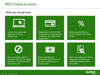 REO Online Auctions 
What you should know 
© Auction.com | Confidential & Proprietary 
7 
Auctions are conducted 
weekdays online at 
Auction.com 
Registration is free. All that 
is required is a small deposit 
in the form of a credit card 
authorization. 
% 
Some properties have a 
Buyer’s Premium but many 
do not. 
Some properties may be 
occupied and have no interior 
inspection. These are noted 
on Auction.com 
Some properties are 
financeable, others may not 
be due to occupancy or a 
needed repair. 
Read and understand all due 
diligence documents and 
transaction details prior to 
the auction. 
 