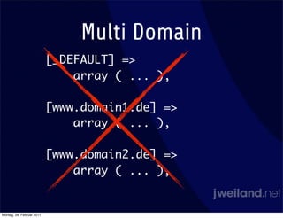 Multi Domain
                           [_DEFAULT] =>
                               array ( ... ),

                           [www.domain1.de] =>
                               array ( ... ),

                           [www.domain2.de] =>
                               array ( ... ),


Montag, 28. Februar 2011
 