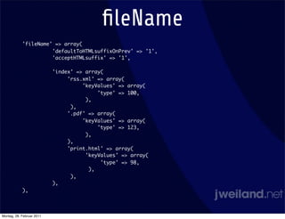ﬁleName
            'fileName' => array(
                      'defaultToHTMLsuffixOnPrev' => '1',
                      'acceptHTMLsuffix' => '1',

                           'index' => array(
                                'rss.xml' => array(
                                     'keyValues' => array(
                                          'type' => 100,
                                      ),
                                 ),
                                '.pdf' => array(
                                     'keyValues' => array(
                                          'type' => 123,
                                      ),
                                ),
                                'print.html' => array(
                                      'keyValues' => array(
                                           'type' => 98,
                                       ),
                                 ),
                           ),
            ),




Montag, 28. Februar 2011
 