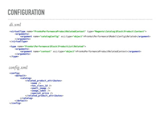 CONFIGURATION
<virtualType name="PronkoPerformanceProductRelatedContext" type="MagentoCatalogBlockProductContext"> 
<arguments> 
<argument name="catalogConfig" xsi:type="object">PronkoPerformanceModelConfigRelated</argument> 
</arguments> 
</virtualType> 
 
<type name="PronkoPerformanceBlockProductListRelated"> 
<arguments> 
<argument name="context" xsi:type="object">PronkoPerformanceProductRelatedContext</argument> 
</arguments> 
</type>
di.xml
<config> 
<default> 
<catalog> 
<related_product_attributes> 
<name /> 
<tax_class_id /> 
<small_image /> 
<image_label /> 
<special_price /> 
</related_product_attributes> 
</catalog> 
</default> 
</config> 
config.xml
 