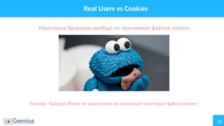 19
Real Users vs Cookies
Некоторые браузеры вообще не принимают файлов cookies
Пример: браузер iPhone по умолчанию не принимает некоторые файлы cookies
 